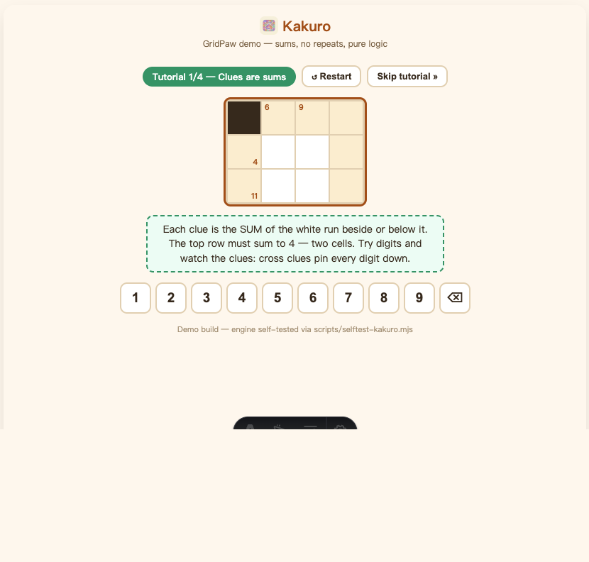 Tutorial 1 in Kakuro: Clues are sums, with the green Tutorial 1/4 chip