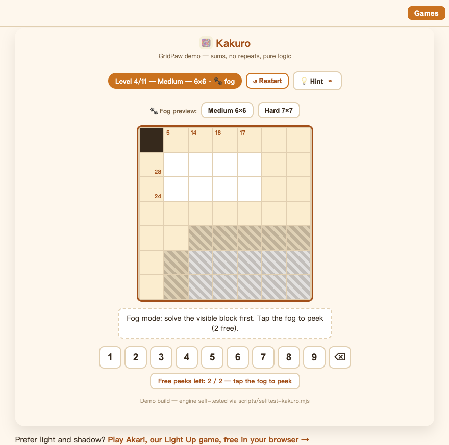 A Kakuro board in fog mode with paw-print fog and the Free peeks bar
