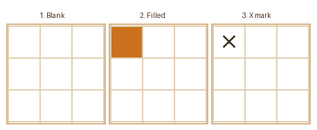 Close-up of the three-state cell cycle in Nonogram: blank, filled and crossed