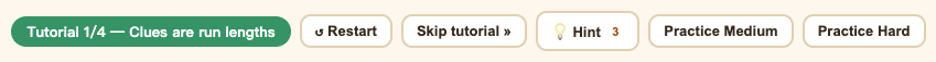 The Nonogram toolbar with level chip, Restart, Skip tutorial, Hint badge and practice jumps
