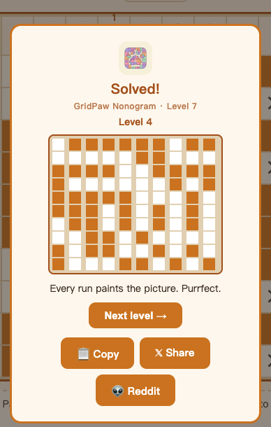 The Nonogram victory popup with the pixel-art reveal, Next button and share buttons