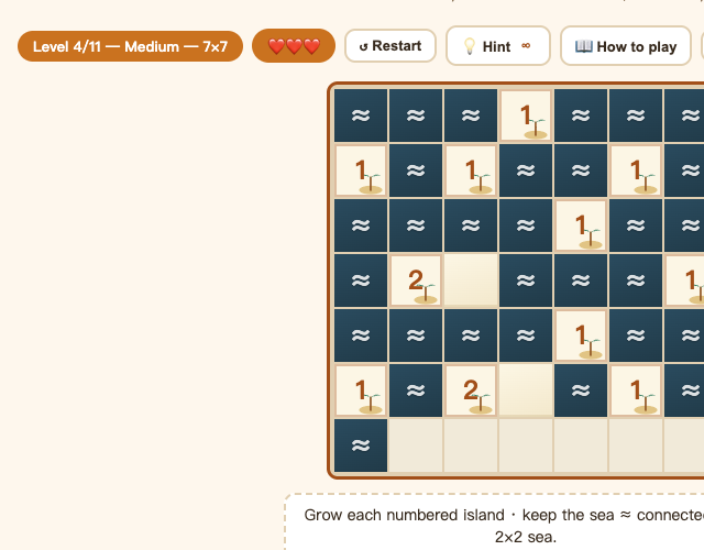 A Nurikabe board in progress with islands, sea, clue cells and the hearts badge