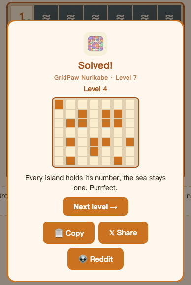The Nurikabe victory popup with island cells flipping to amber, Next and share buttons