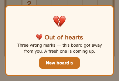 The Nurikabe Out of hearts overlay with the New board button