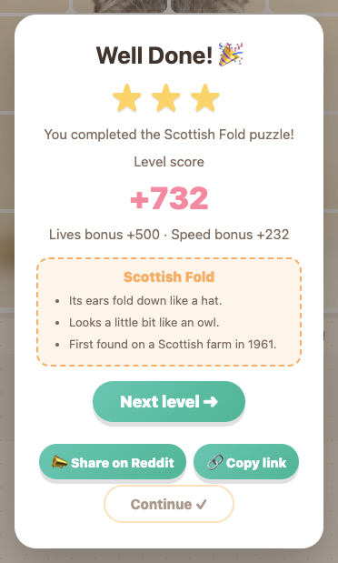 The Pictomino win screen with stars, score breakdown, cat fact card and share buttons