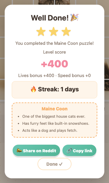 The Pictomino Daily win panel with the streak card and Done button
